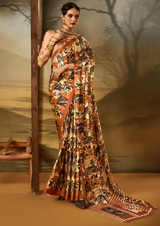 Crepe Beige Printed Designer Saree With Blouse Piece (SATIN83)