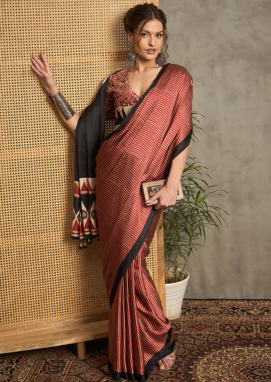 Pure Crepe Maroon Printed Designer Saree With Blouse Piece (NORAJRK110)