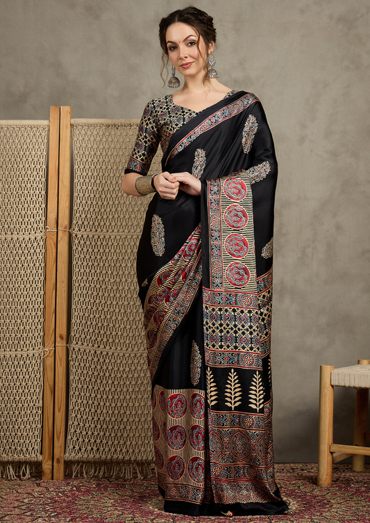 Pure Crepe Black Printed Designer Saree With Blouse Piece (MOHAR811)