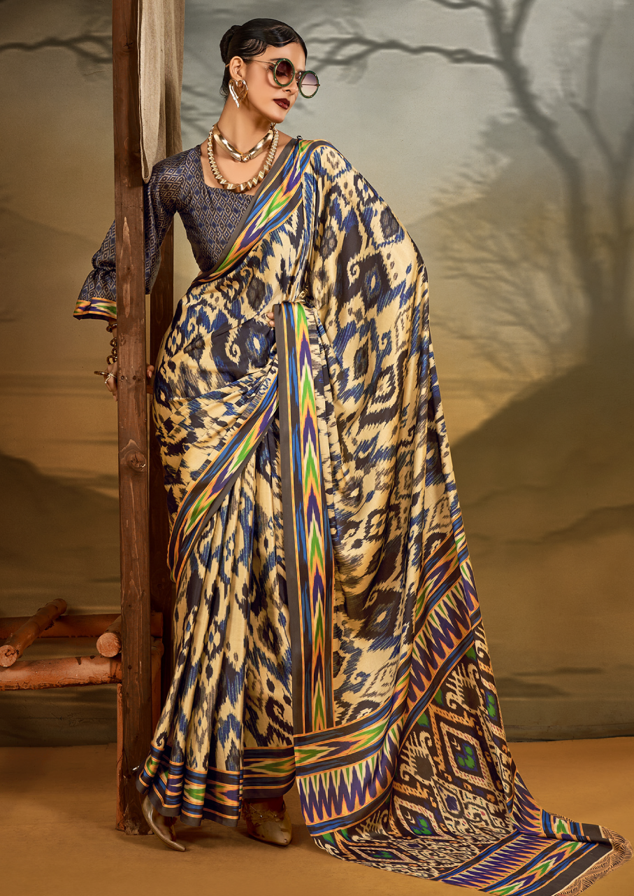 Crepe Beige Printed Designer Saree With Blouse Piece (SATIN84)