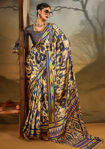 Crepe Beige Printed Designer Saree With Blouse Piece (SATIN84)