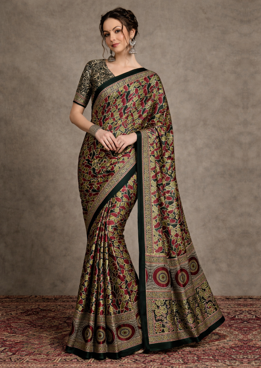 Pure Crepe Green Printed Designer Saree With Blouse Piece (MOHAR809)