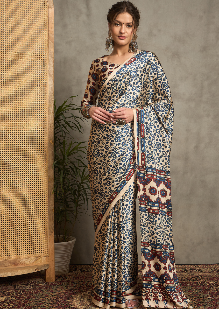 Pure Crepe Cream Printed Designer Saree With Blouse Piece (NORAJRK107)