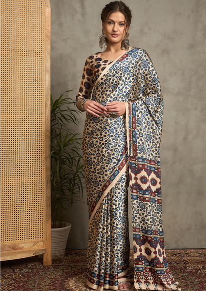 Pure Crepe Cream Printed Designer Saree With Blouse Piece (NORAJRK107)
