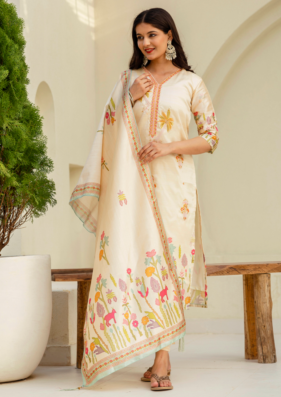 VredeVogel Cream Beads Embroidered Silk Women Kurta Sets (VC9739)