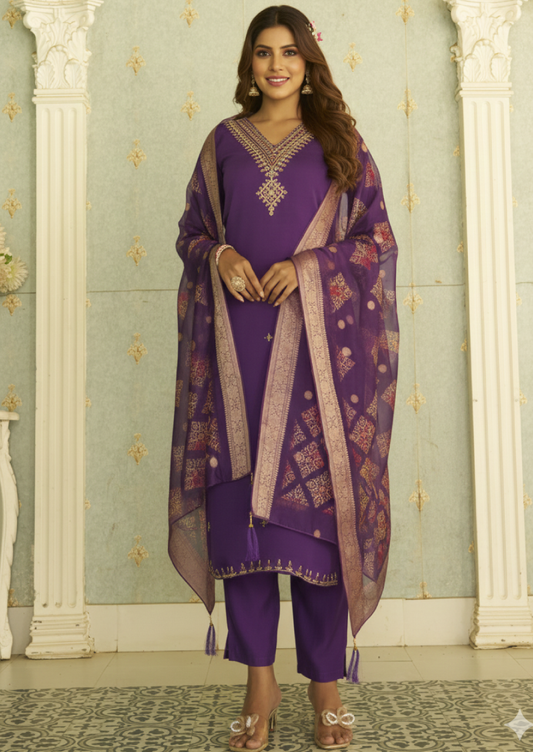 Beads Embroidered Silk Blend Women Kurta Sets With Dupatta Straight Suits (VC9720)