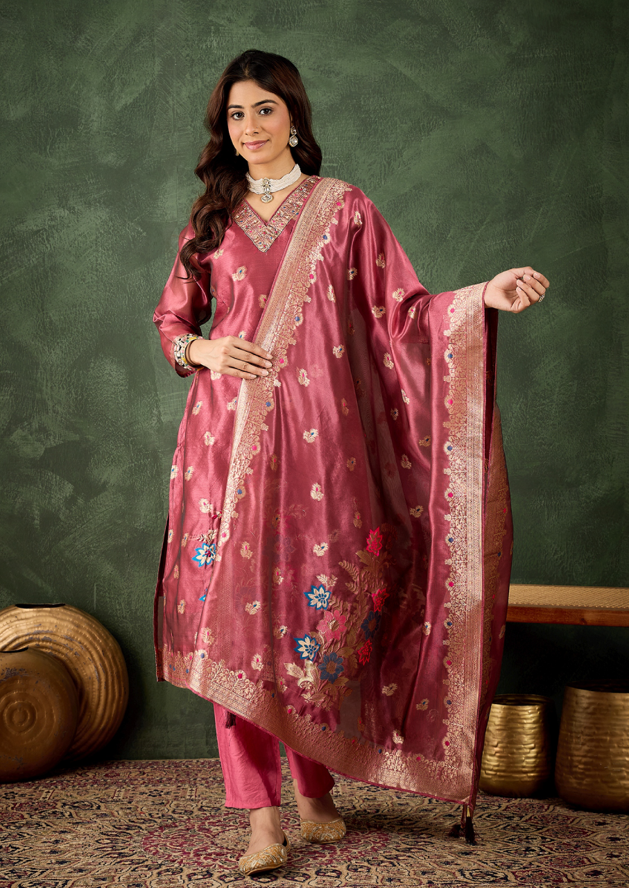 Embroidered Silk Blend Organza Meenakari Straight Suits With Dupatta (VC9738)