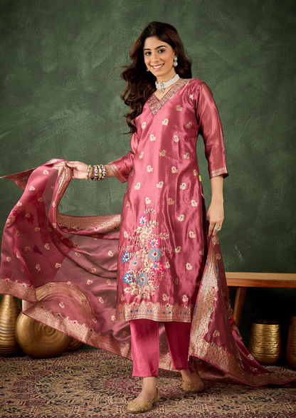 Embroidered Silk Blend Organza Meenakari Straight Suits With Dupatta (VC9738)