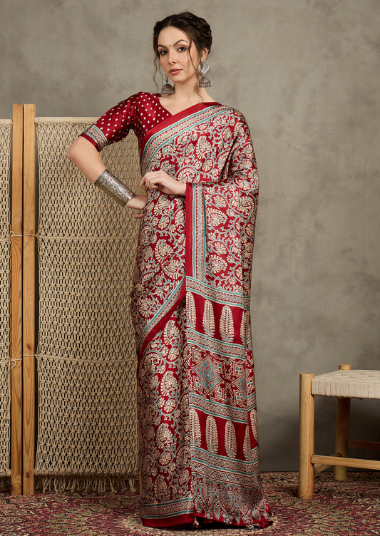Pure Crepe Red Printed Designer Saree With Blouse Piece (MOHAR802)