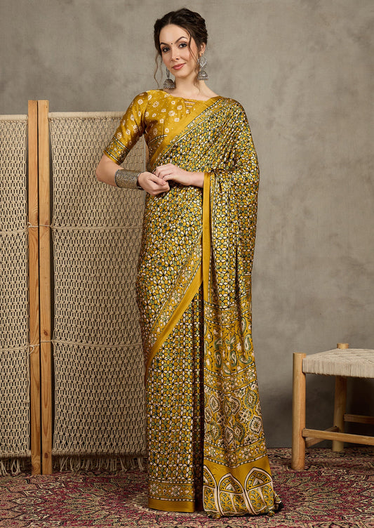 Pure Crepe Mustard Printed Designer Saree With Blouse Piece (MOHAR803)