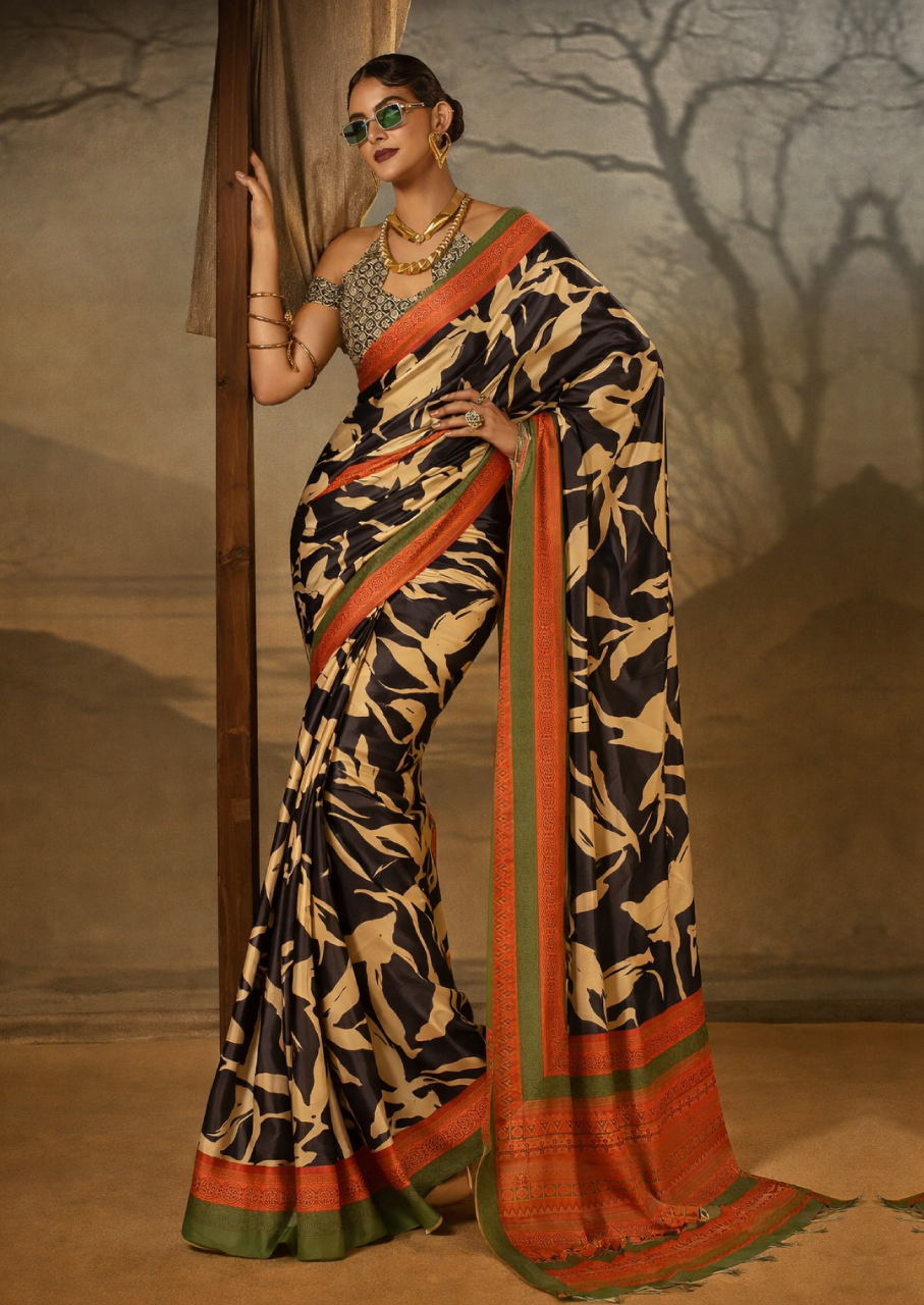Crepe Black Printed Designer Saree With Blouse Piece (SATIN86)