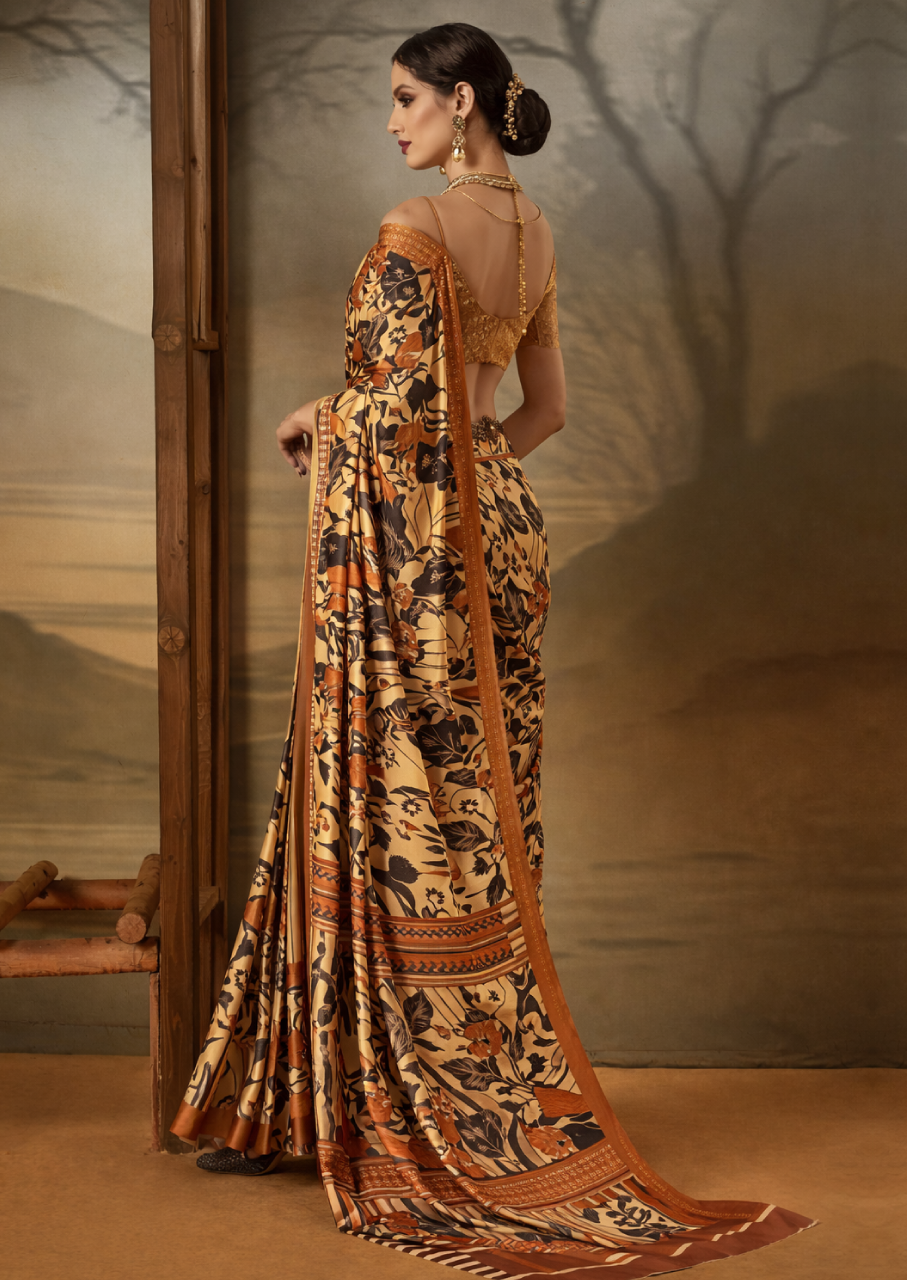 Crepe Beige Printed Designer Saree With Blouse Piece (SATIN83)