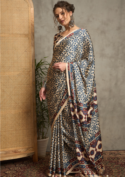 Pure Crepe Cream Printed Designer Saree With Blouse Piece (NORAJRK107)