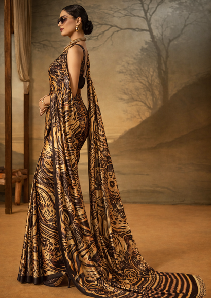 Crepe Beige Printed Designer Saree With Blouse Piece (SATIN85)