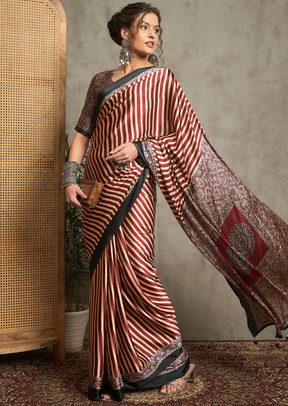 Pure Crepe Maroon Printed Designer Saree With Blouse Piece (NORAJRK104)