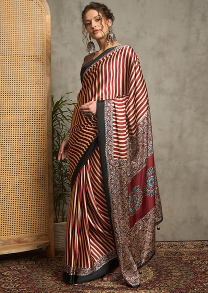 Pure Crepe Maroon Printed Designer Saree With Blouse Piece (NORAJRK104)