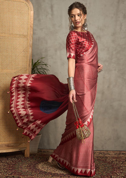 Pure Crepe Red Printed Designer Saree With Blouse Piece (NORAJRK108)