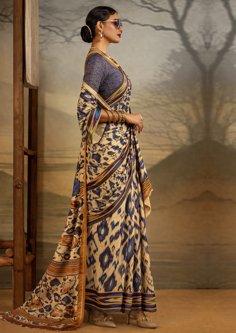 Crepe Beige Printed Designer Saree With Blouse Piece (SATIN84)