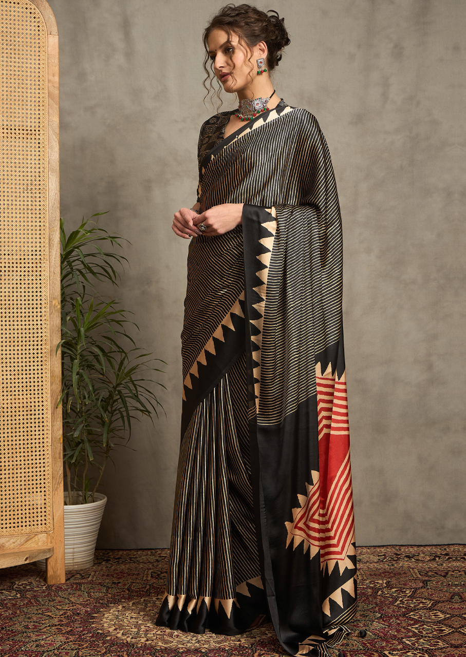 Pure Crepe Black Printed Designer Saree With Blouse Piece (NORAJRK105)