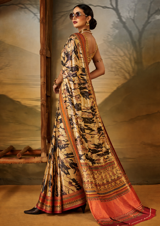 Crepe Beige Printed Designer Saree With Blouse Piece (SATIN81)