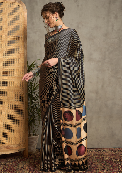 Pure Crepe Black Printed Designer Saree With Blouse Piece (NORAJRK102)