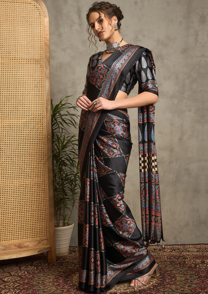 Pure Crepe Black Printed Designer Saree With Blouse Piece (NORAJRK106)