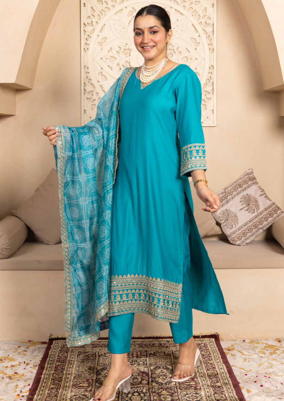 Majestic Teal Embroidered Suit Set (VC9780)