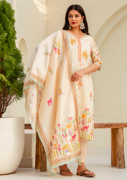 VredeVogel Cream Beads Embroidered Silk Women Kurta Sets (VC9739)