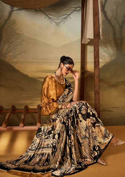 Crepe Beige Printed Designer Saree With Blouse Piece (SATIN82)