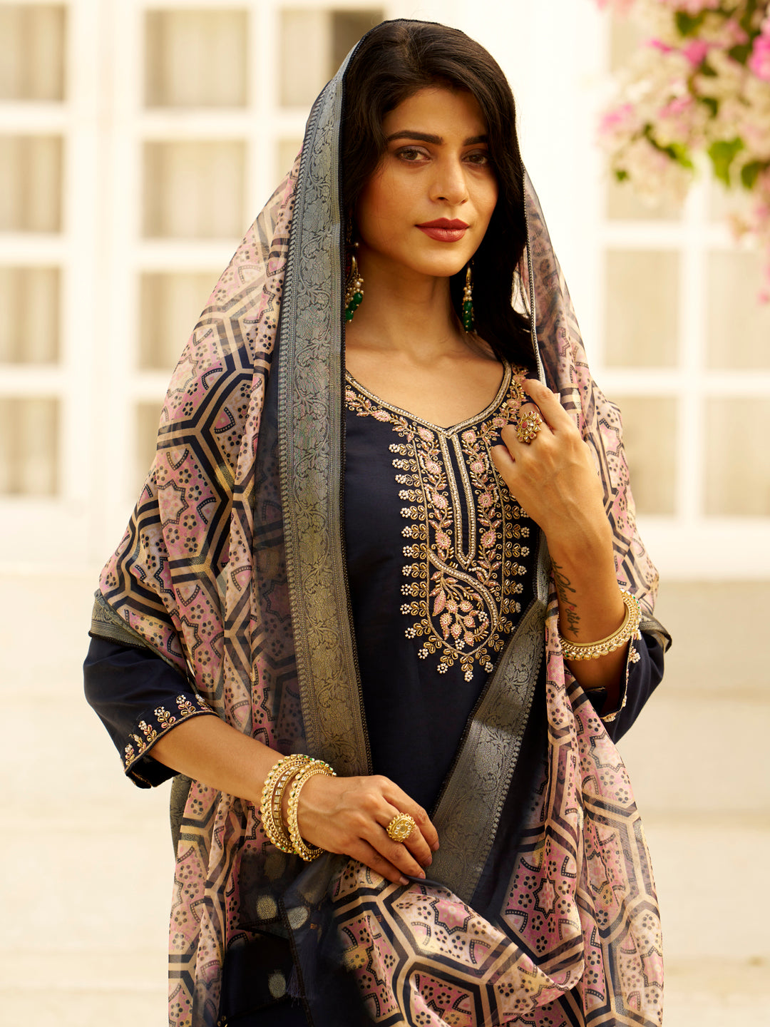 Beads Embroidered Silk Blend Women Kurta Sets With Dupatta Straight Suits (VC9720)