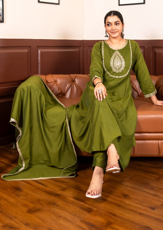 Shailaja Mehndi Anarkali Kurta and Pant Dupatta Set (VV-9723)