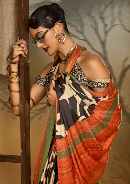 Crepe Black Printed Designer Saree With Blouse Piece (SATIN86)
