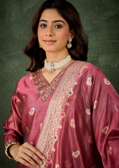 Embroidered Silk Blend Organza Meenakari Straight Suits With Dupatta (VC9738)