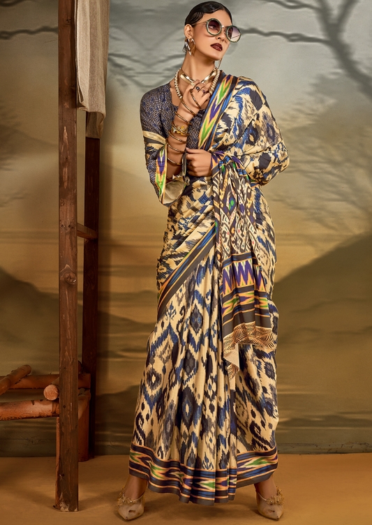 Crepe Beige Printed Designer Saree With Blouse Piece (SATIN84)
