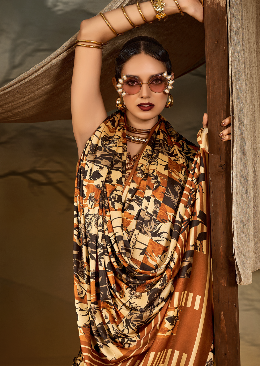 Crepe Beige Printed Designer Saree With Blouse Piece (SATIN83)