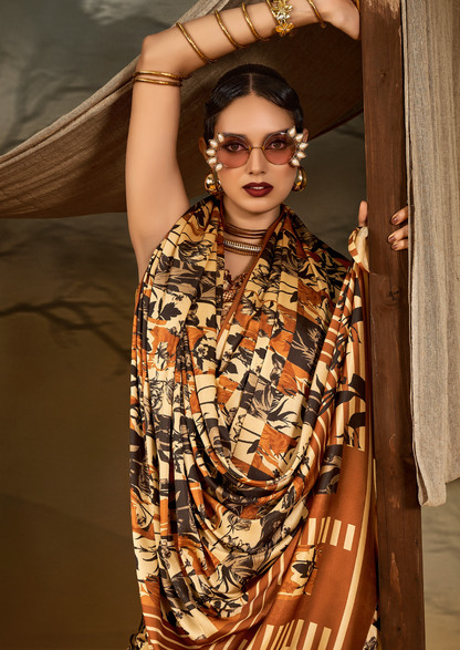 Crepe Beige Printed Designer Saree With Blouse Piece (SATIN83)