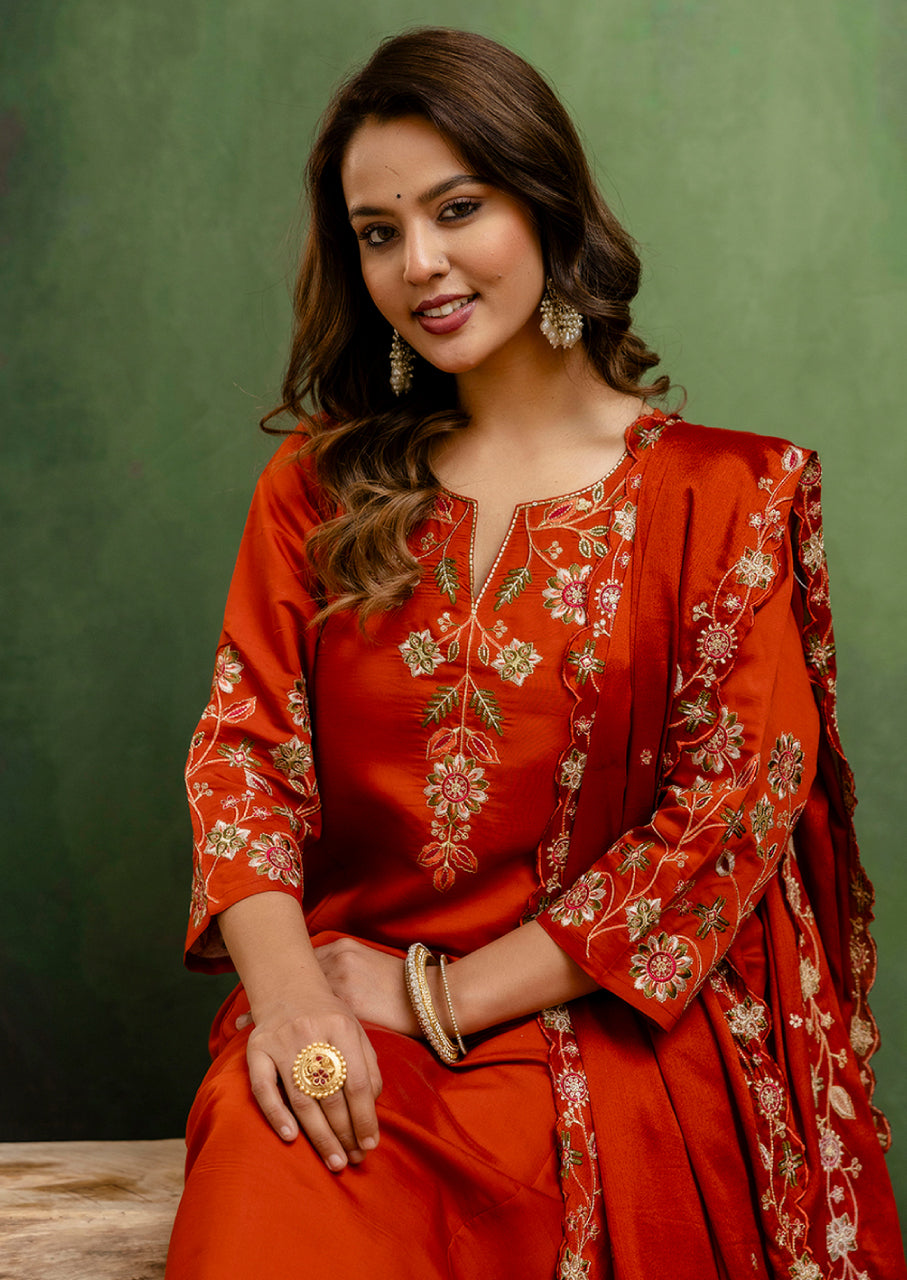 Slik Blend Women Anarkali Kurta and Pant Dupatta Sets (VC9713)