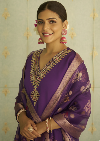 Beads Embroidered Silk Blend Women Kurta Sets With Dupatta Straight Suits (VC9720)