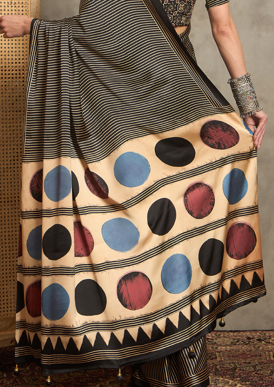 Pure Crepe Black Printed Designer Saree With Blouse Piece (NORAJRK102)