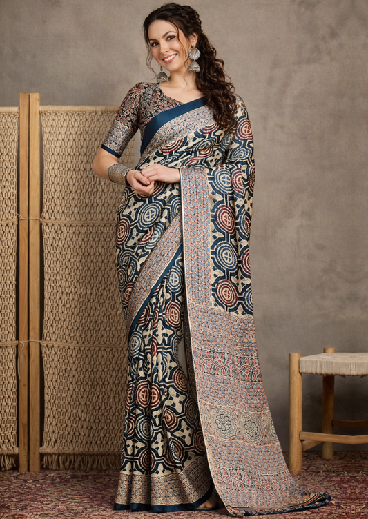 Pure Crepe Teal blue Printed Designer Saree With Blouse Piece (MOHAR807)