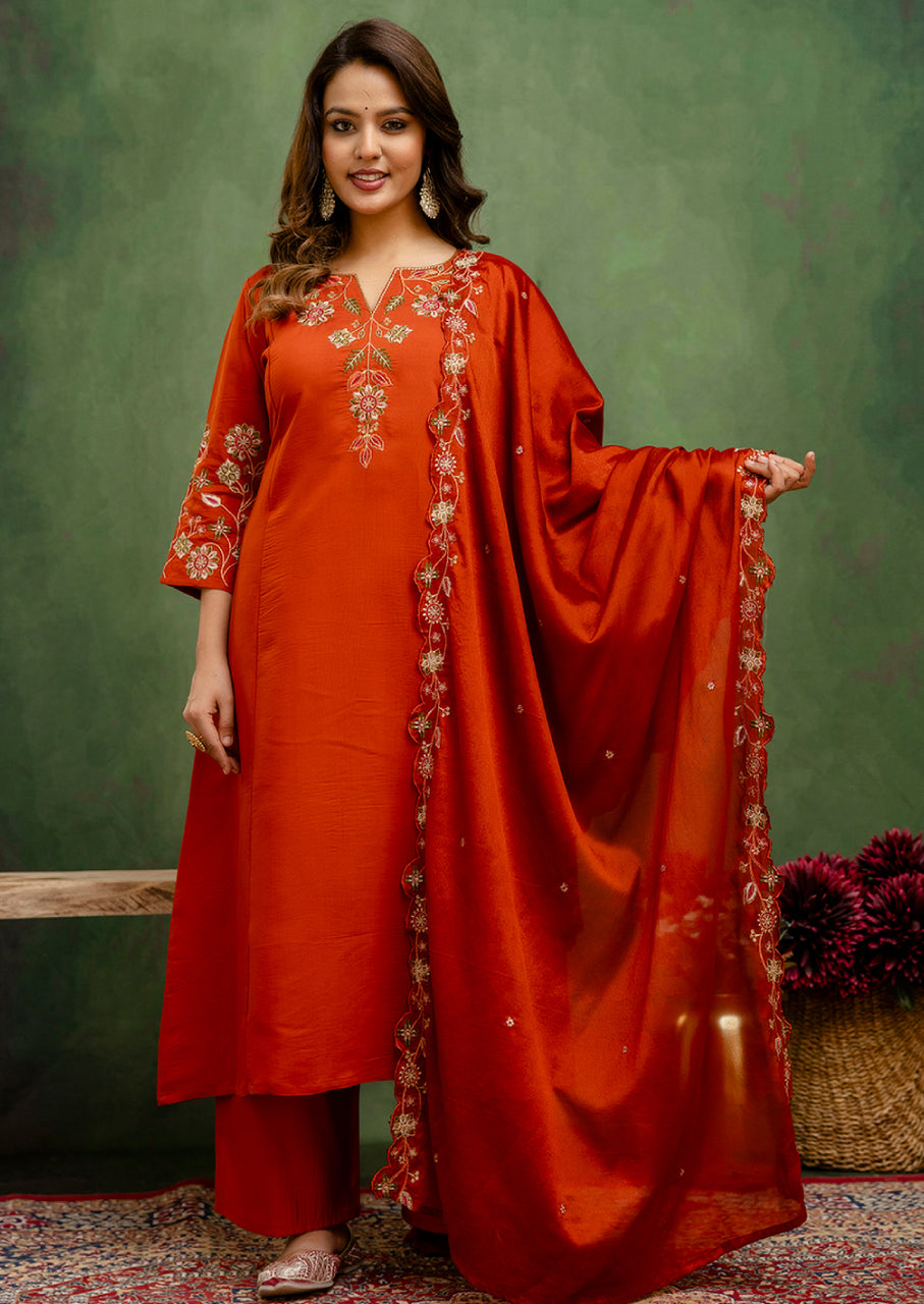 Slik Blend Women Anarkali Kurta and Pant Dupatta Sets (VC9713)