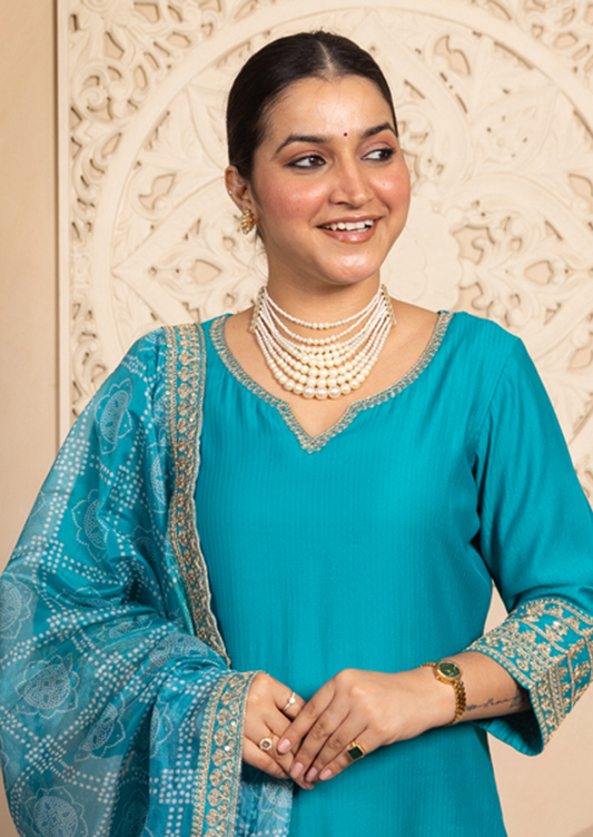 Majestic Teal Embroidered Suit Set (VC9780)